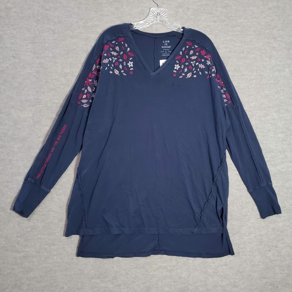 Life is Good Women Top Large Blue Embroidered Flora Botanical Tunic Boho READ